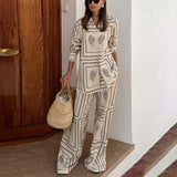 GETADME Women Printed Shirt Pant 2 Pieces Set Long Sleeve Lapel Collar Single Breasted Shirts and Straight Wide Leg Trousers Suit Female