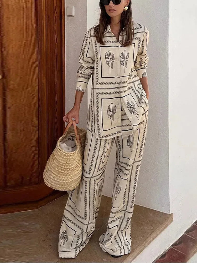 GETADME Women Printed Shirt Pant 2 Pieces Set Long Sleeve Lapel Collar Single Breasted Shirts and Straight Wide Leg Trousers Suit Female