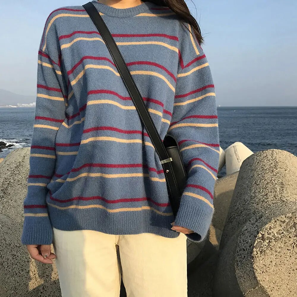 Getadme Women Pullovers Crew-Neck Knitted Jumper New Student Striped Sweater Aesthetic  Outfit