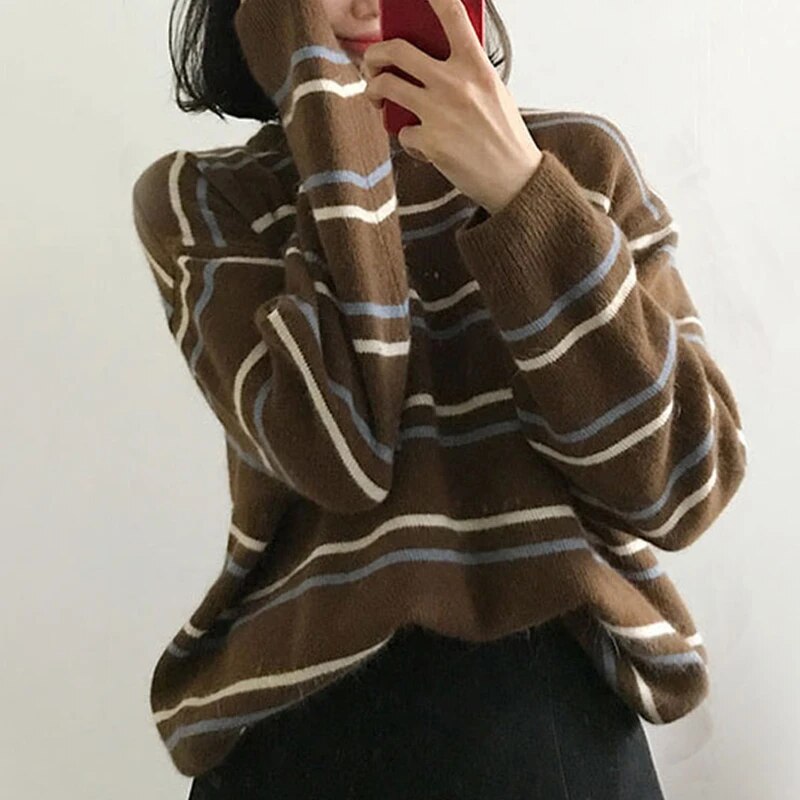 Getadme Women Pullovers Crew-Neck Knitted Jumper New Student Striped Sweater Aesthetic  Outfit