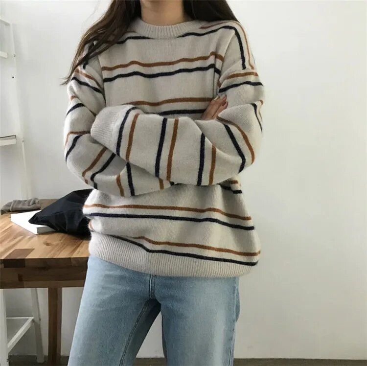 Getadme Women Pullovers Crew-Neck Knitted Jumper New Student Striped Sweater Aesthetic  Outfit