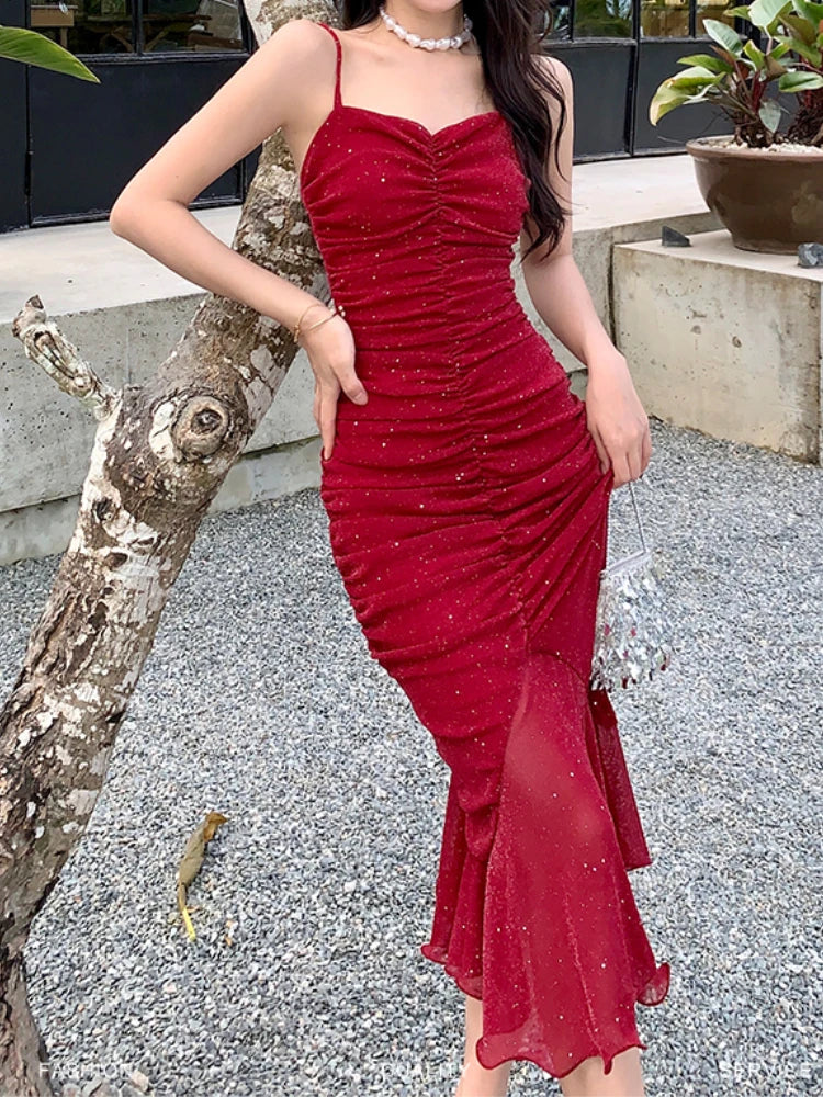 GETADME Women Sexy Spaghetti Strap Sleeveless Red Dress Female Backless Mermaid Midi Dresses Vestidos