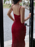 GETADME Women Sexy Spaghetti Strap Sleeveless Red Dress Female Backless Mermaid Midi Dresses Vestidos