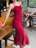 GETADME Women Sexy Spaghetti Strap Sleeveless Red Dress Female Backless Mermaid Midi Dresses Vestidos