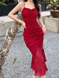 GETADME Women Sexy Spaghetti Strap Sleeveless Red Dress Female Backless Mermaid Midi Dresses Vestidos