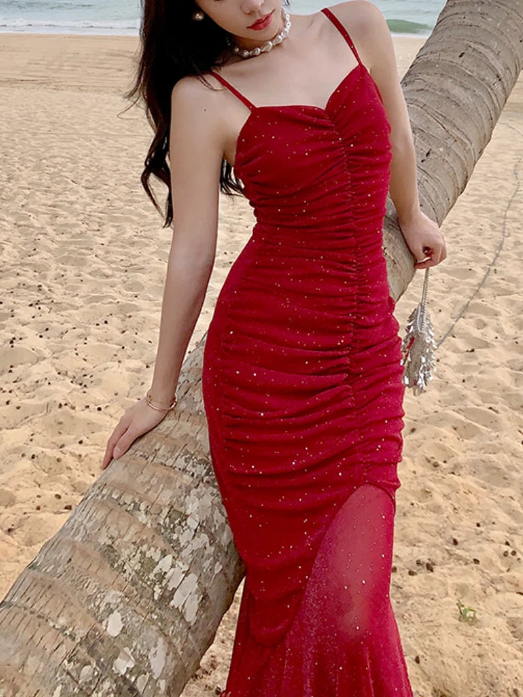 GETADME Women Sexy Spaghetti Strap Sleeveless Red Dress Female Backless Mermaid Midi Dresses Vestidos