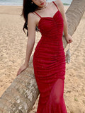 GETADME Women Sexy Spaghetti Strap Sleeveless Red Dress Female Backless Mermaid Midi Dresses Vestidos