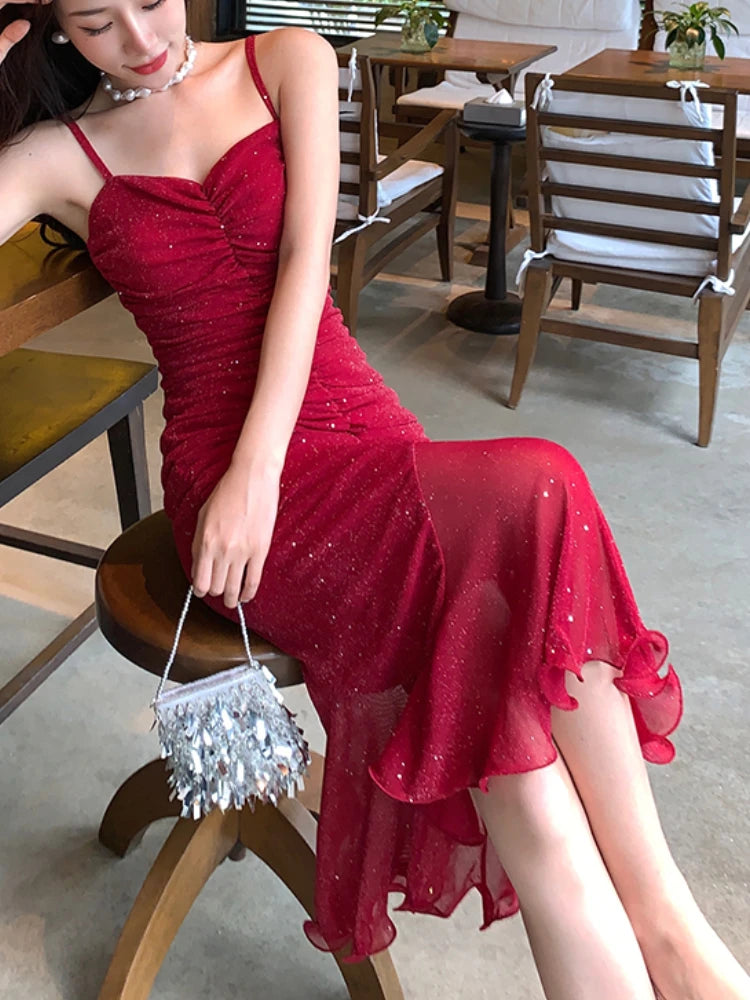 GETADME Women Sexy Spaghetti Strap Sleeveless Red Dress Female Backless Mermaid Midi Dresses Vestidos