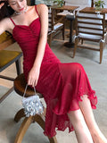 GETADME Women Sexy Spaghetti Strap Sleeveless Red Dress Female Backless Mermaid Midi Dresses Vestidos
