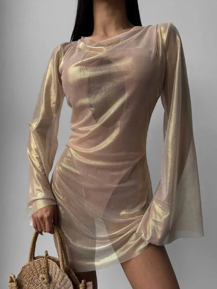 GETADME Women Shiny Short Dresses Sexy Long Flare Sleeve Mesh Through Party Dress 2024 Autumn New Clubwear Streetwear Vestidos