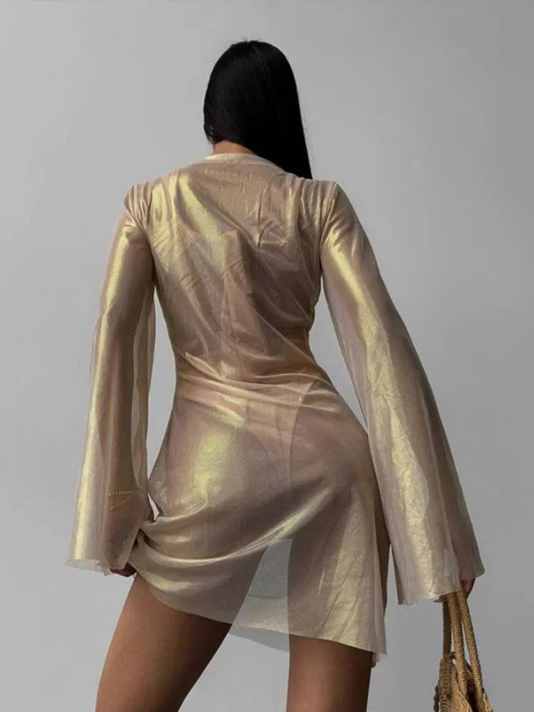 GETADME Women Shiny Short Dresses Sexy Long Flare Sleeve Mesh Through Party Dress 2024 Autumn New Clubwear Streetwear Vestidos