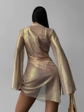 GETADME Women Shiny Short Dresses Sexy Long Flare Sleeve Mesh Through Party Dress 2024 Autumn New Clubwear Streetwear Vestidos