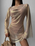 GETADME Women Shiny Short Dresses Sexy Long Flare Sleeve Mesh Through Party Dress 2024 Autumn New Clubwear Streetwear Vestidos