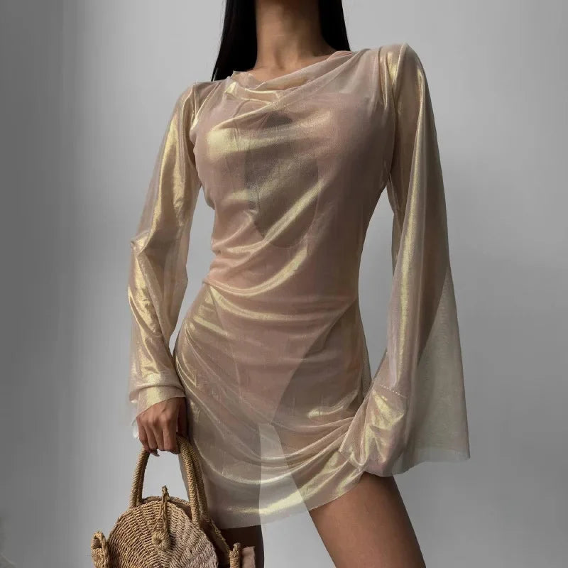 GETADME Women Shiny Short Dresses Sexy Long Flare Sleeve Mesh Through Party Dress 2024 Autumn New Clubwear Streetwear Vestidos