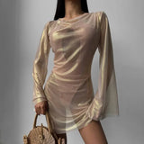 GETADME Women Shiny Short Dresses Sexy Long Flare Sleeve Mesh Through Party Dress 2024 Autumn New Clubwear Streetwear Vestidos