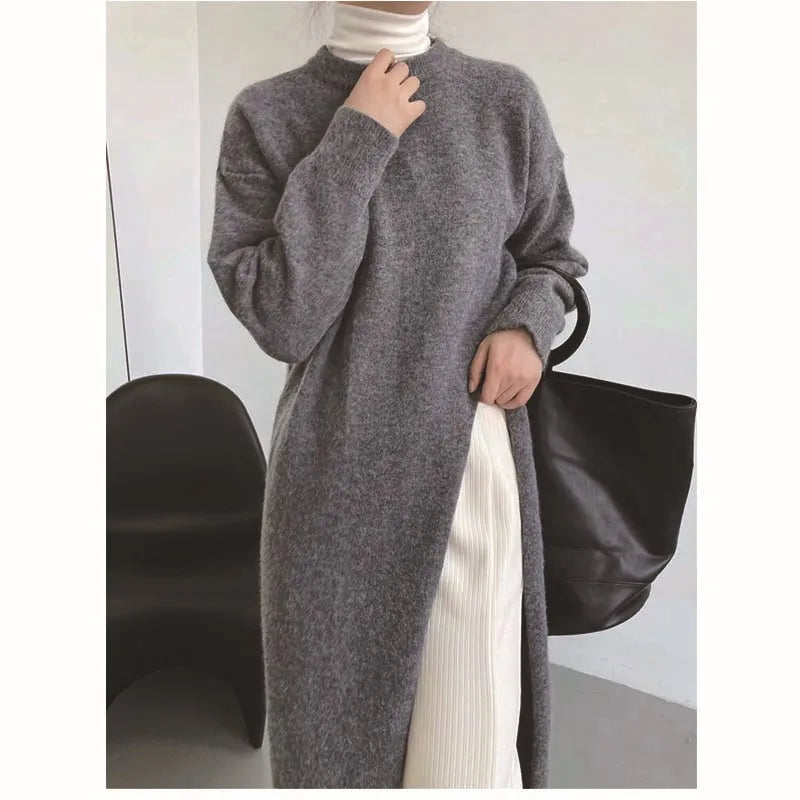 GETADME Women Side Split Long Maxi Knitted Sweaters Casual Female Loose O-Neck Long Sleeve Knitwear Pullovers PYMY-MY718745