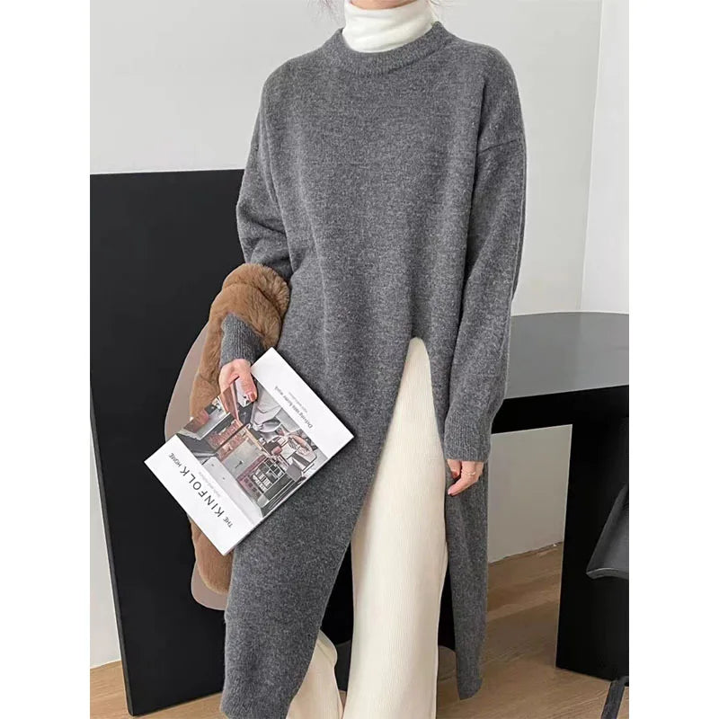 GETADME Women Side Split Long Maxi Knitted Sweaters Casual Female Loose O-Neck Long Sleeve Knitwear Pullovers PYMY-MY718745