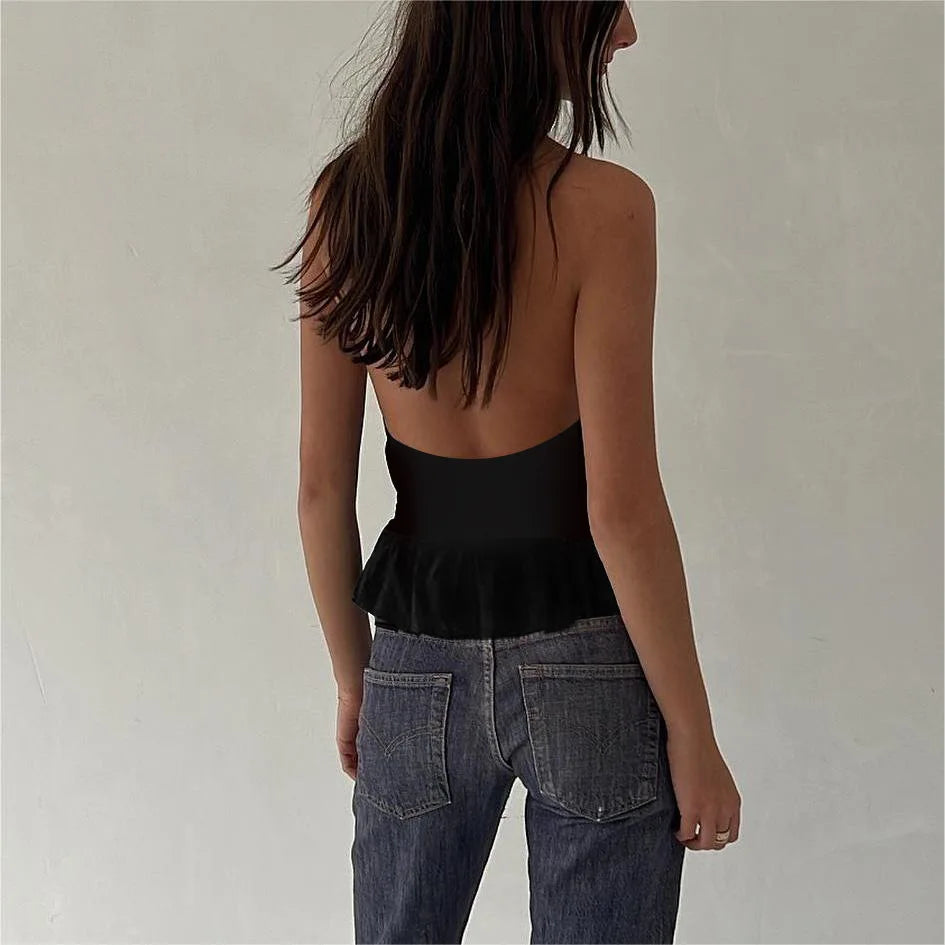 GETADME Women Studded Halter Neck Tops Summer Deep V-Neck Backless Shirts Vest for Streetwear Aesthetic Grunge Clothes