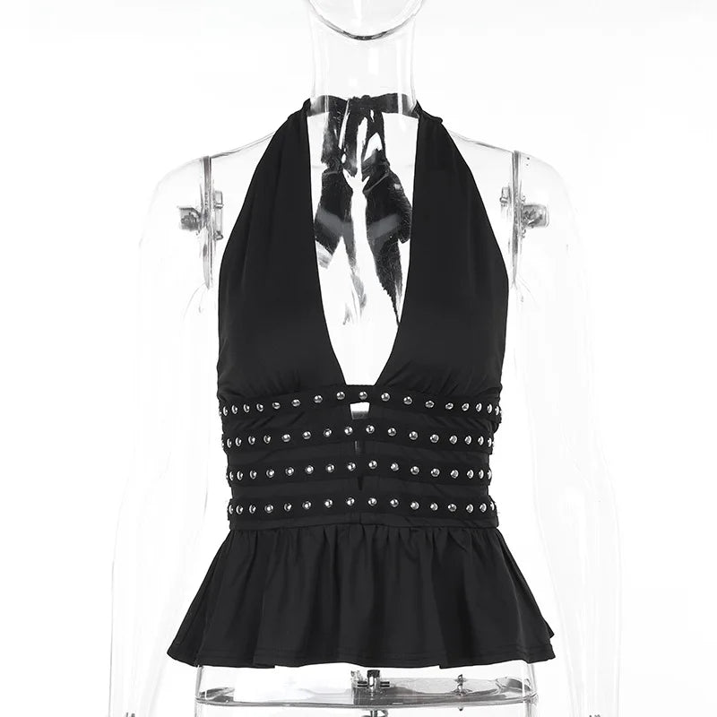 GETADME Women Studded Halter Neck Tops Summer Deep V-Neck Backless Shirts Vest for Streetwear Aesthetic Grunge Clothes
