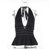 GETADME Women Studded Halter Neck Tops Summer Deep V-Neck Backless Shirts Vest for Streetwear Aesthetic Grunge Clothes