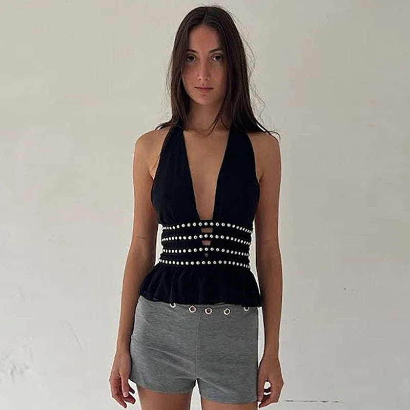 GETADME Women Studded Halter Neck Tops Summer Deep V-Neck Backless Shirts Vest for Streetwear Aesthetic Grunge Clothes