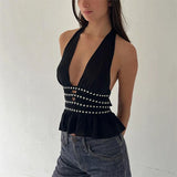 GETADME Women Studded Halter Neck Tops Summer Deep V-Neck Backless Shirts Vest for Streetwear Aesthetic Grunge Clothes
