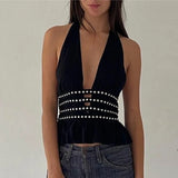 GETADME Women Studded Halter Neck Tops Summer Deep V-Neck Backless Shirts Vest for Streetwear Aesthetic Grunge Clothes