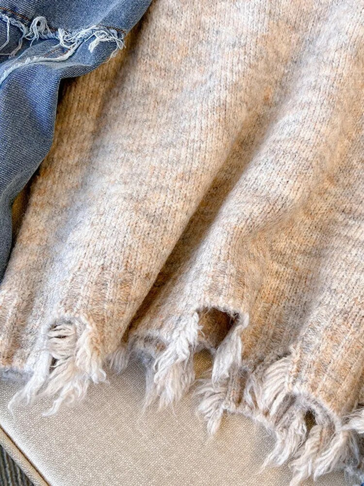 Getadme Women Sweater Patchwork Denim Long Sleeve O-Neck Loose Heart Chic Pullovers Simple Knitted Autumn Winter New Knit Jumpers