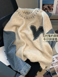 Getadme Women Sweater Patchwork Denim Long Sleeve O-Neck Loose Heart Chic Pullovers Simple Knitted Autumn Winter New Knit Jumpers