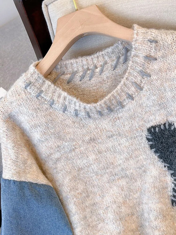 Getadme Women Sweater Patchwork Denim Long Sleeve O-Neck Loose Heart Chic Pullovers Simple Knitted Autumn Winter New Knit Jumpers