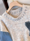 Getadme Women Sweater Patchwork Denim Long Sleeve O-Neck Loose Heart Chic Pullovers Simple Knitted Autumn Winter New Knit Jumpers