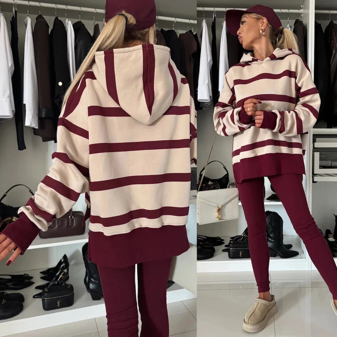 GETADME Women Two Piece Set Pants Sets Striped Hooded Sweatshirts Matching Sets Y2k Tops Tracksuit Autumn Winter Long Pant High Waist