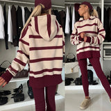 GETADME Women Two Piece Set Pants Sets Striped Hooded Sweatshirts Matching Sets Y2k Tops Tracksuit Autumn Winter Long Pant High Waist