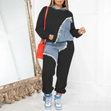 GETADME Women Two Piece Sets Tracksuit Autumn Jeans Splicing Hooded Top Sweatshirts Pocket Jogger Pants Suit Loose Female Office Lady