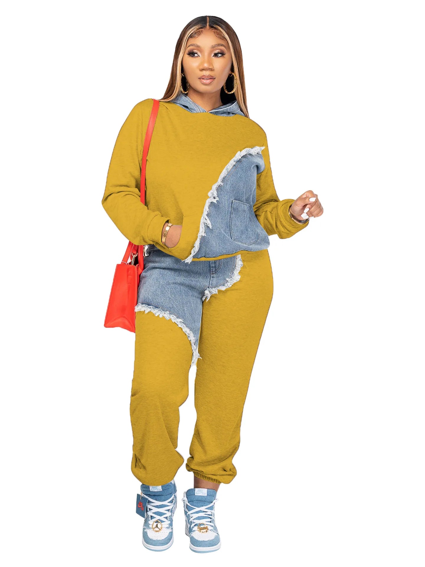 GETADME Women Two Piece Sets Tracksuit Autumn Jeans Splicing Hooded Top Sweatshirts Pocket Jogger Pants Suit Loose Female Office Lady