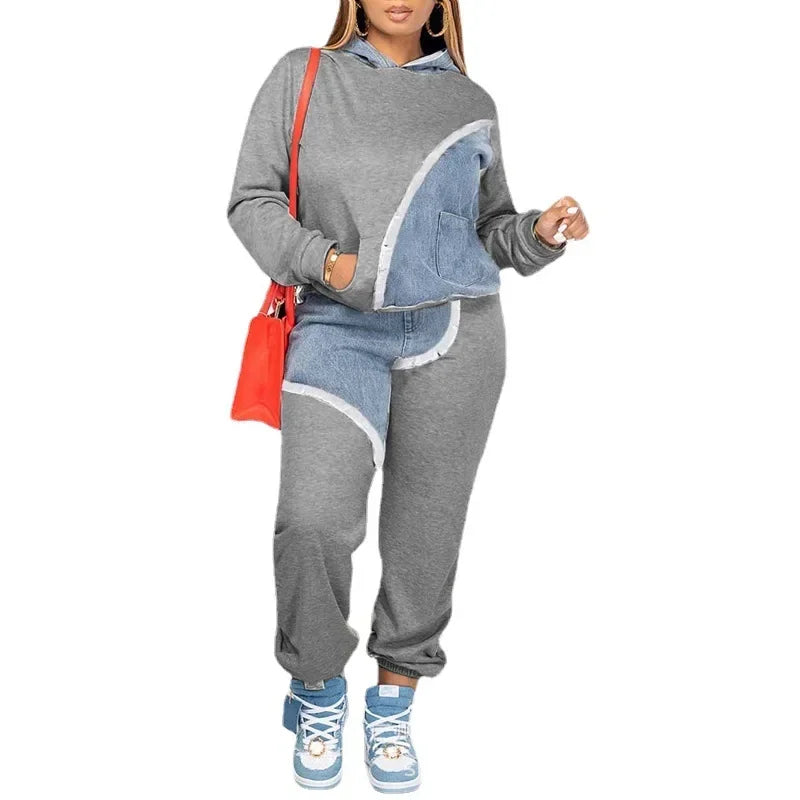 GETADME Women Two Piece Sets Tracksuit Autumn Jeans Splicing Hooded Top Sweatshirts Pocket Jogger Pants Suit Loose Female Office Lady