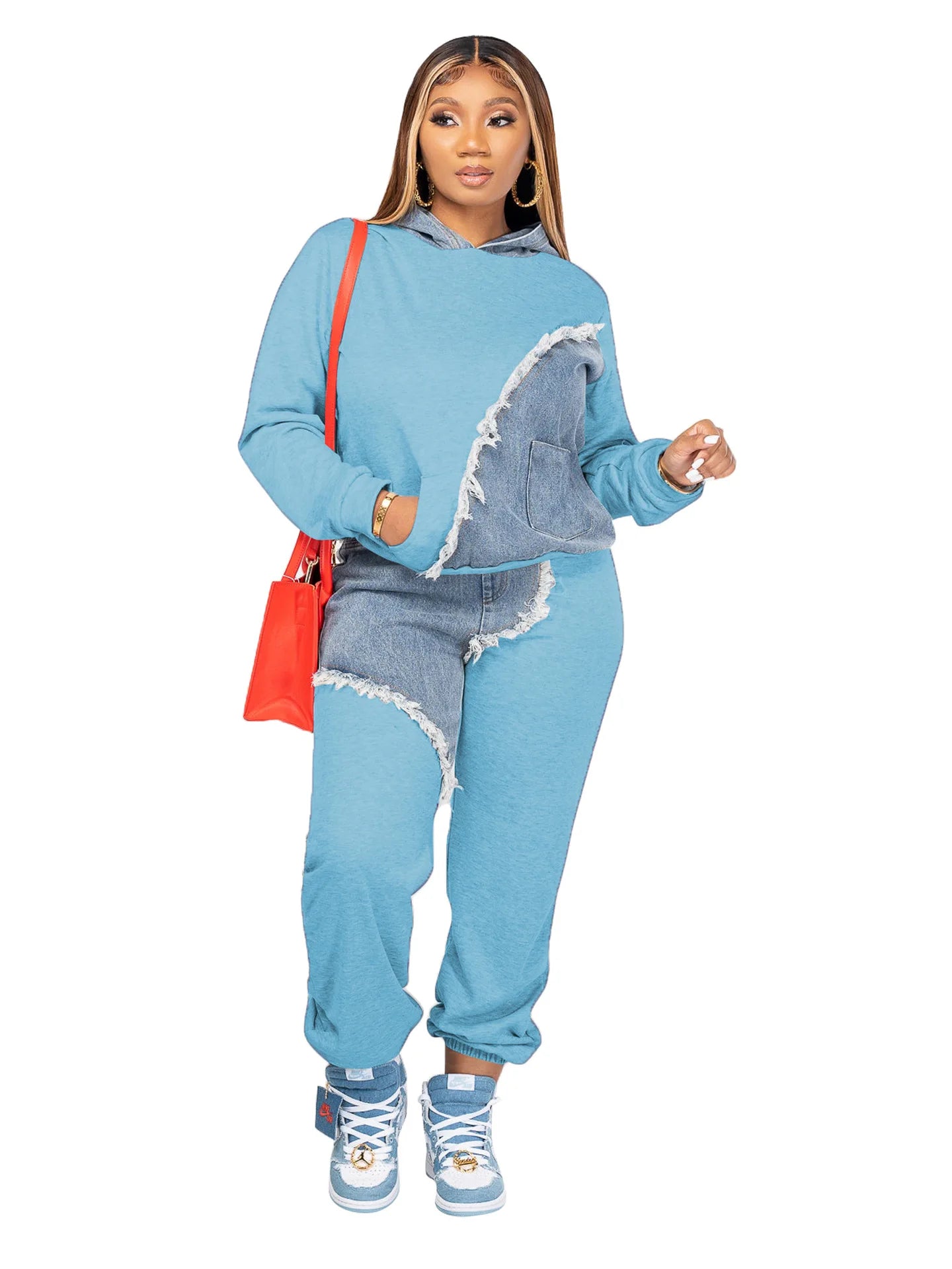 GETADME Women Two Piece Sets Tracksuit Autumn Jeans Splicing Hooded Top Sweatshirts Pocket Jogger Pants Suit Loose Female Office Lady
