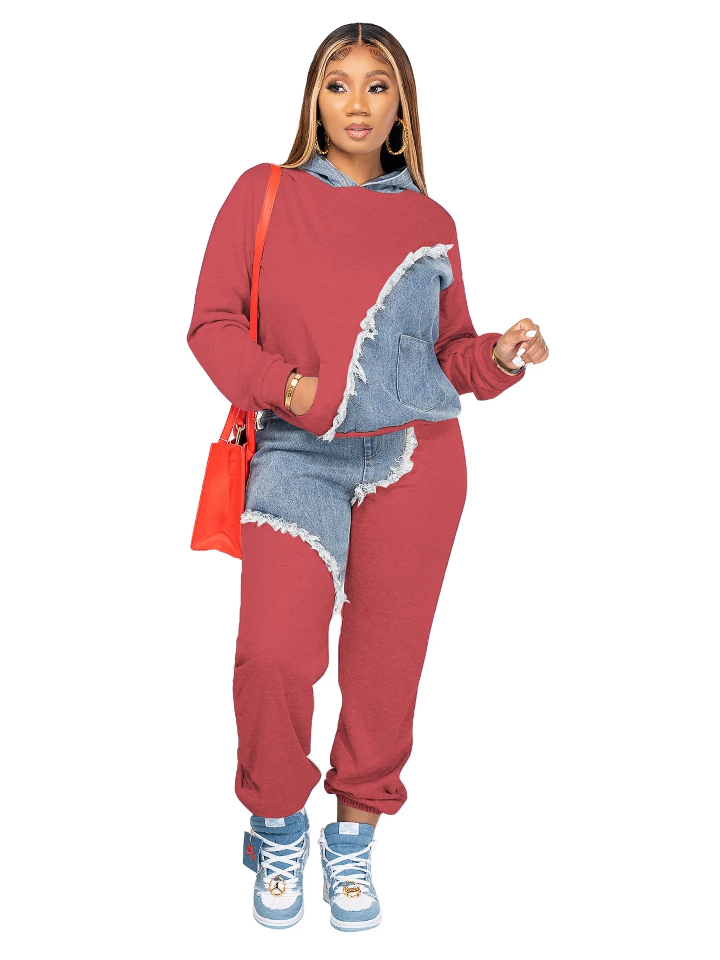 GETADME Women Two Piece Sets Tracksuit Autumn Jeans Splicing Hooded Top Sweatshirts Pocket Jogger Pants Suit Loose Female Office Lady