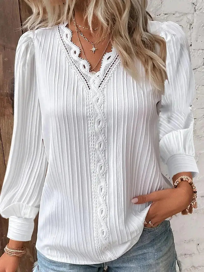 GETADME Women White Striped Women's Blouses Fashion Solid V-neck Casual Long Sleeve Tops Elegant Office Ladies Shirts Female Slim Blusas