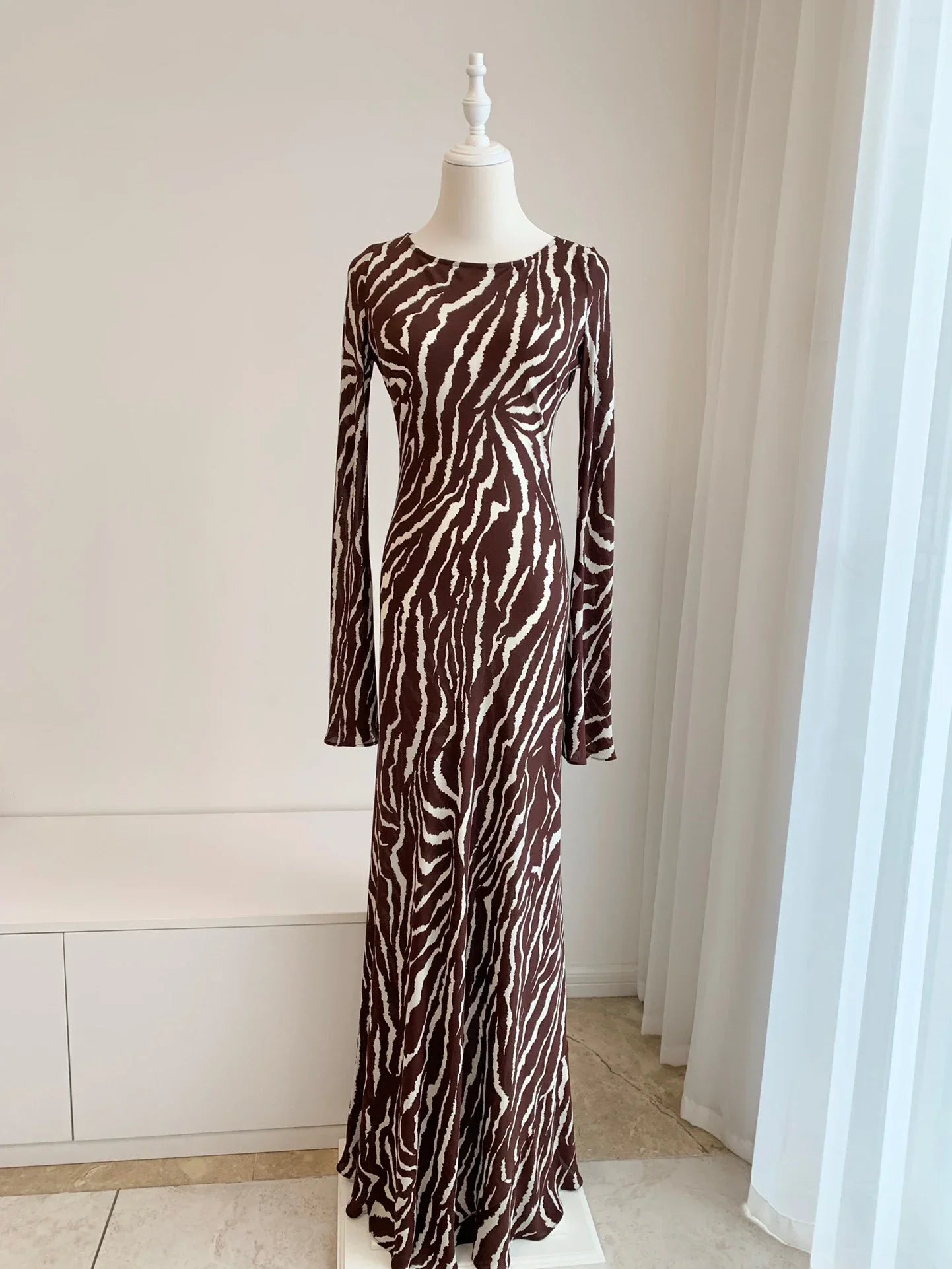GETADME Women Zebra Print Long Flare Sleeve Slim Waist Maxi Long 100% Silk Dress