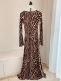 GETADME Women Zebra Print Long Flare Sleeve Slim Waist Maxi Long 100% Silk Dress