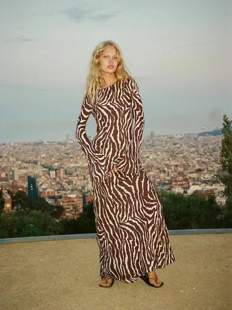 GETADME Women Zebra Print Long Flare Sleeve Slim Waist Maxi Long 100% Silk Dress