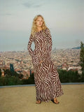 GETADME Women Zebra Print Long Flare Sleeve Slim Waist Maxi Long 100% Silk Dress