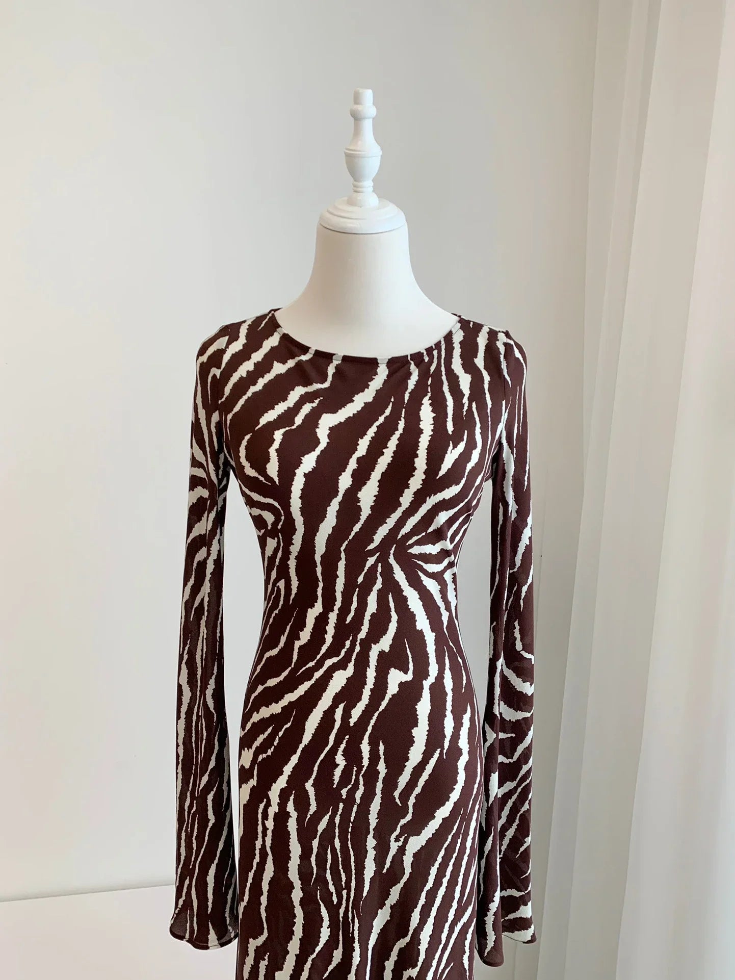 GETADME Women Zebra Print Long Flare Sleeve Slim Waist Maxi Long 100% Silk Dress