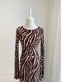 GETADME Women Zebra Print Long Flare Sleeve Slim Waist Maxi Long 100% Silk Dress