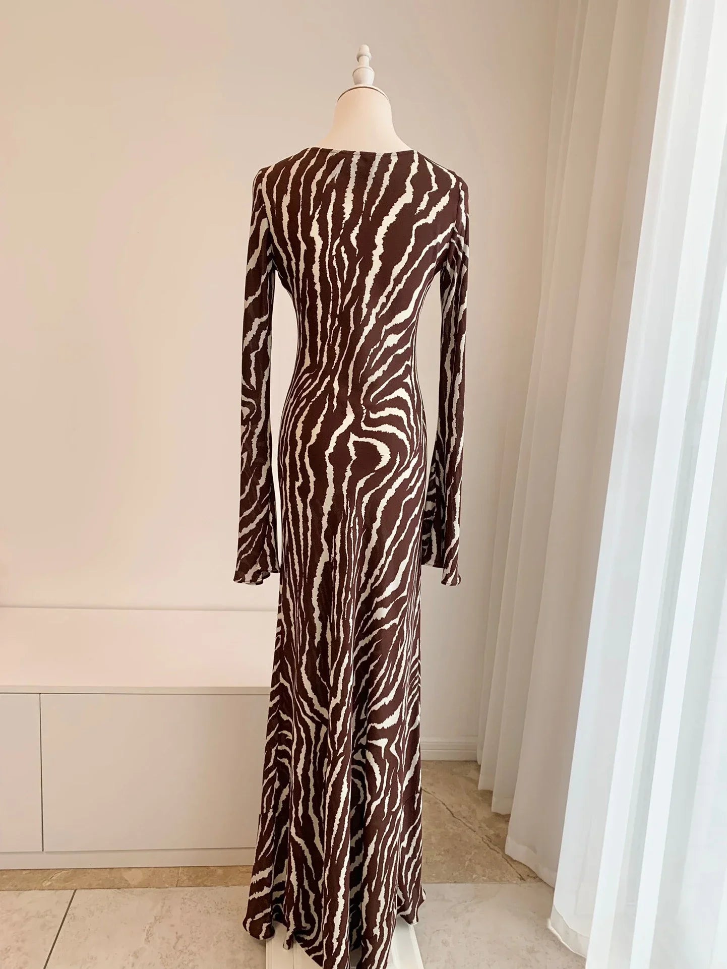 GETADME Women Zebra Print Long Flare Sleeve Slim Waist Maxi Long 100% Silk Dress