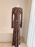 GETADME Women Zebra Print Long Flare Sleeve Slim Waist Maxi Long 100% Silk Dress