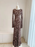 GETADME Women Zebra Print Long Flare Sleeve Slim Waist Maxi Long 100% Silk Dress