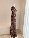 GETADME Women Zebra Print Long Flare Sleeve Slim Waist Maxi Long 100% Silk Dress