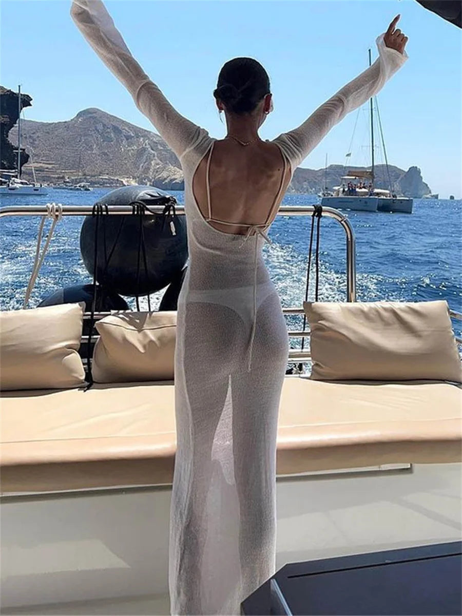 GETADME Women's Sexy Backless Club Perspective Mesh Sheer Party Beach Coverup Dress Casual Long Sleeve Clothing Holiday Vestidos
